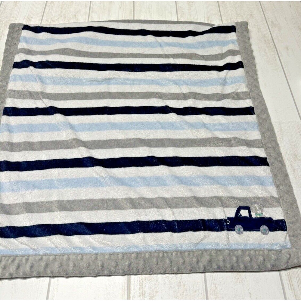 Carters Child Of Mine Grey Blue White Striped Puppy Dog Truck Baby Blanket plush